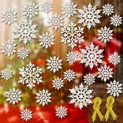 Ayieyill 46 Pcs White Glitter Snowflake Ornaments Various Size Plastic Winter Snowflakes Ornaments Christmas Tree Decorations with Gold Rope for Winter Decorations Tree Window Door Accessories